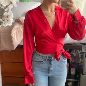 Red Satin Wrap Front Tie Shirt